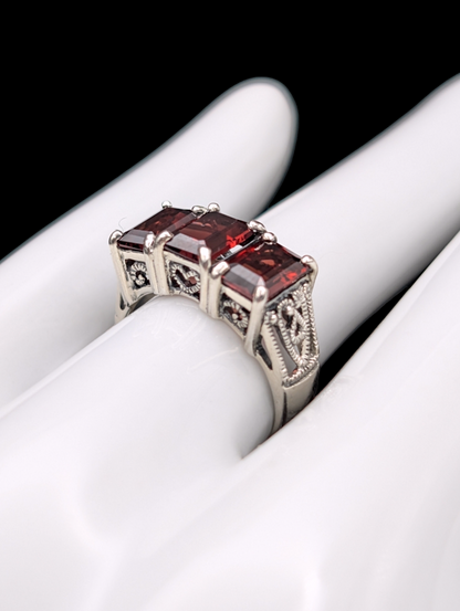 Vintage Emerald Cut Genuine Garnet Trio Sterling Silver 925 Ring