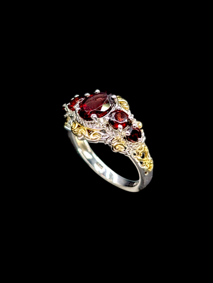 Vintage Graduating Genuine Garnet 14k Gold Plated Filigree Sterling Silver Ring