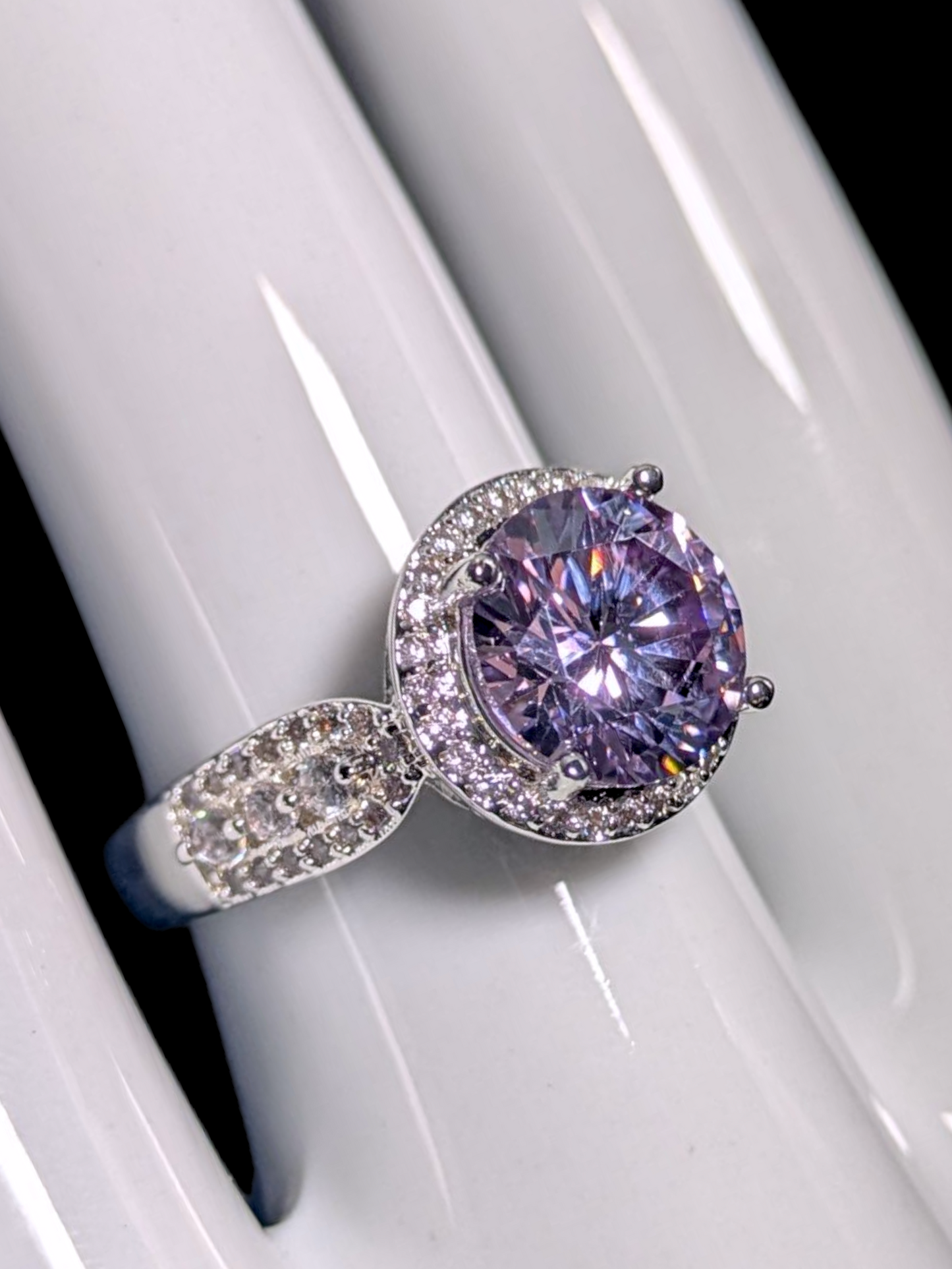 Vintage Inspired Round Brilliant Cut Simulated Purple Sapphire Solitaire with Simulated Diamond Halo Silver Toned Ring