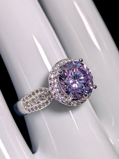 Vintage Inspired Round Brilliant Cut Simulated Purple Sapphire Solitaire with Simulated Diamond Halo Silver Toned Ring
