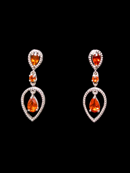 Vintage Inspired Drop Genuine Mandarin Garnet Sterling Silver Filigree Dangle Earrings