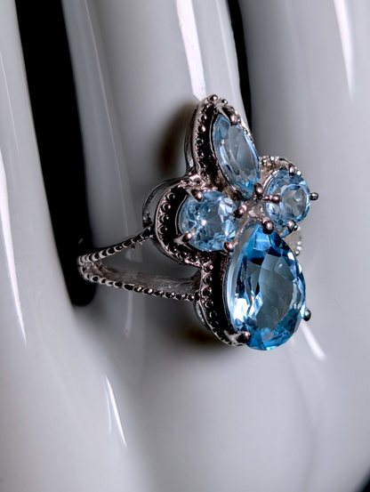 Vintage Inspired Large Mixed Cut Genuine Swiss and Sky Blue Topaz Cluster Rhodium over Sterling Silver Statement Ring
