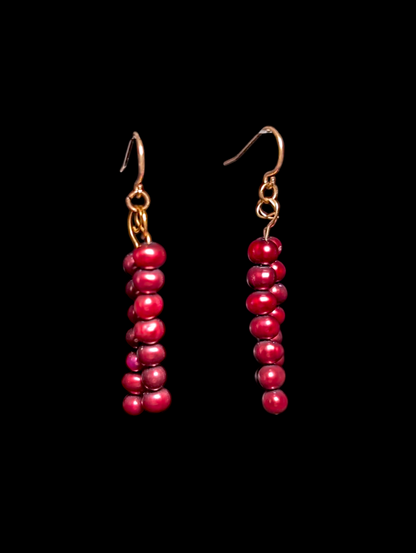 Vintage 3 Piece Set Genuine Cranberry Red Pearls Multi Strand 14k Gold Filled Necklace, Bracelet and Earrings Set