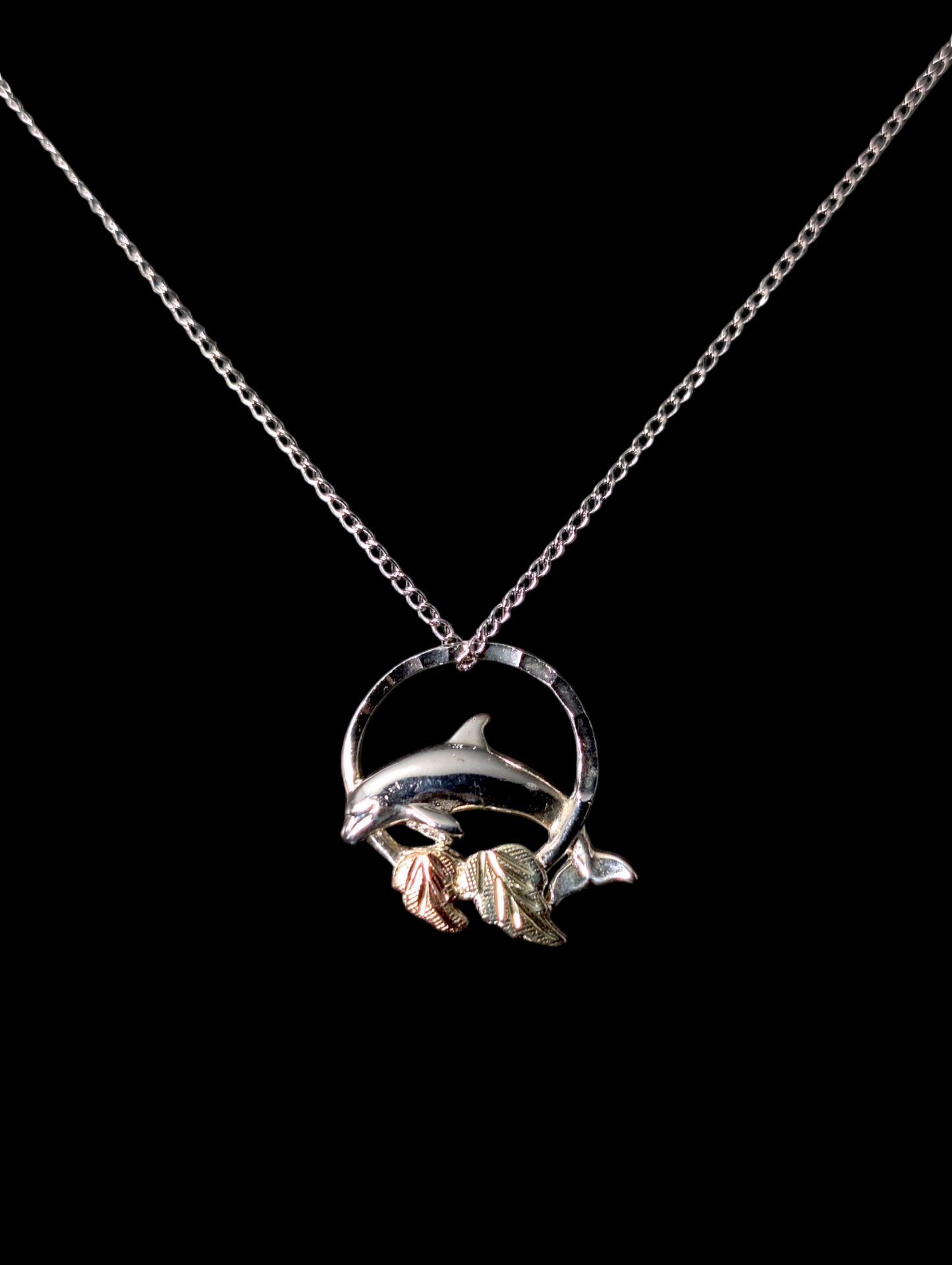 Vintage Black Hills Gold Dolphin and Grape Leaves Slider 12k Gold and Sterling Silver Pendant