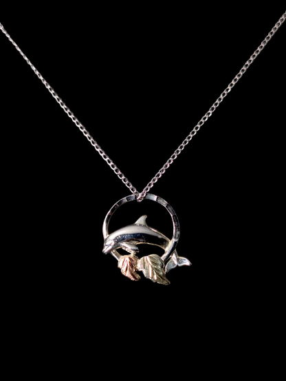 Vintage Black Hills Gold Dolphin and Grape Leaves Slider 12k Gold and Sterling Silver Pendant