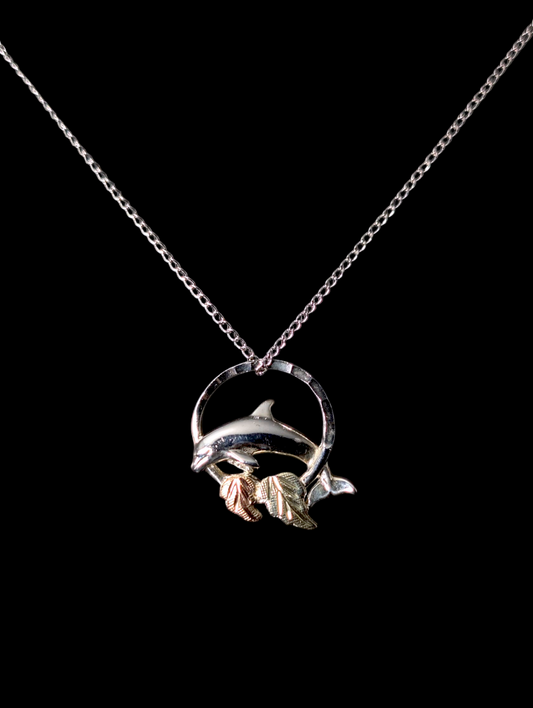 Vintage Black Hills Gold Dolphin and Grape Leaves Slider 12k Gold and Sterling Silver Pendant