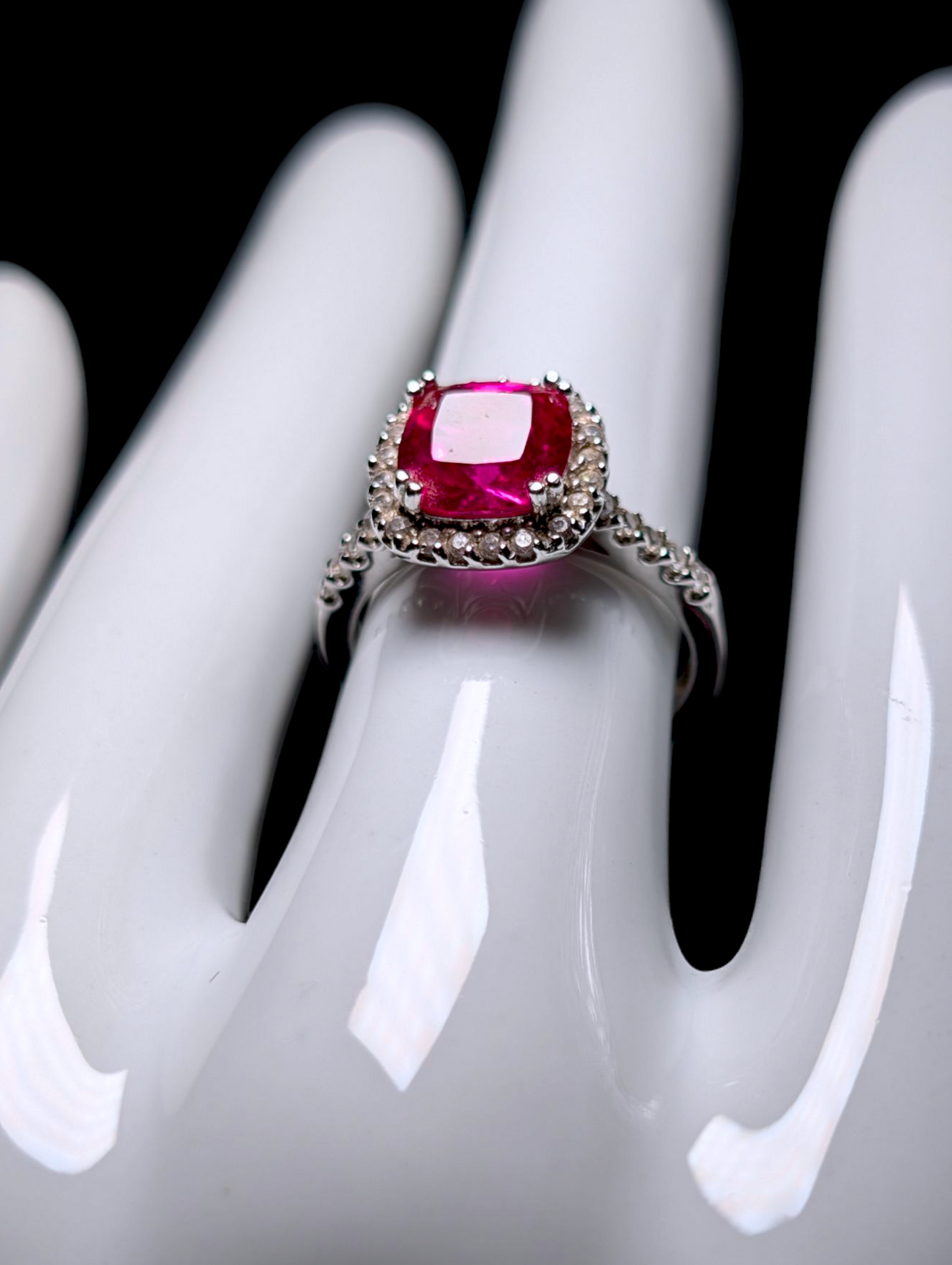 Vintage Cushion Cut Genuine Ruby Solitaire with Simulated Diamond Halo Sterling Silver Ring