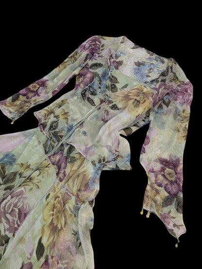 Vintage Y2K Rene Derhy Silk Beaded Green Floral Fairy Dress and Matching Top