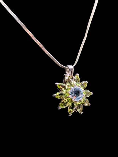 Vintage Genuine Peridot and Topaz Flower Pendant Herringbone Sterling Silver Necklace