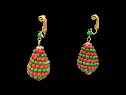 1960s - 1970s Mod Neon Pink and Electric Green Beaded Tear Drop Dangle Earrings