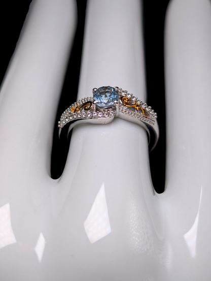 Vintage Inspired Enchanting Genuine Aquamarine Solitaire with White Zircon Accent Stones and 14k Gold Filigree Sterling Silver Ring
