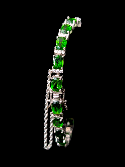 Vintage Inspired 17+ Carat Oval Cut Earth Mined Emerald Green Genuine Chrome Diopside and White Zircon Sterling Silver Tennis Bracelet with 14k White Gold Safety Chain