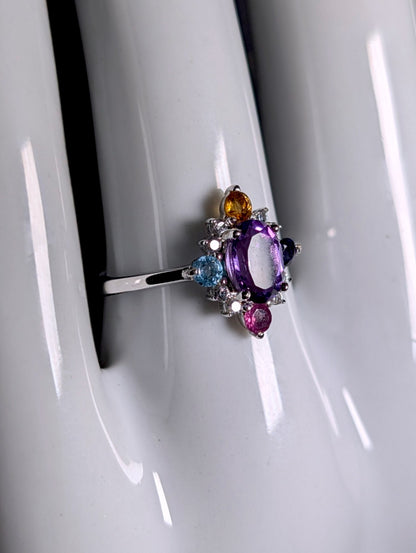 Vintage Genuine Amethyst, Citrine, Iolite, Topaz Starburst Sterling Ring