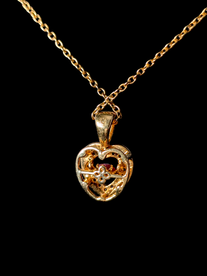 Vintage Genuine Ruby and White Topaz Halo Heart Pendant 14K Yellow Gold over Sterling Silver Link Chain Necklace