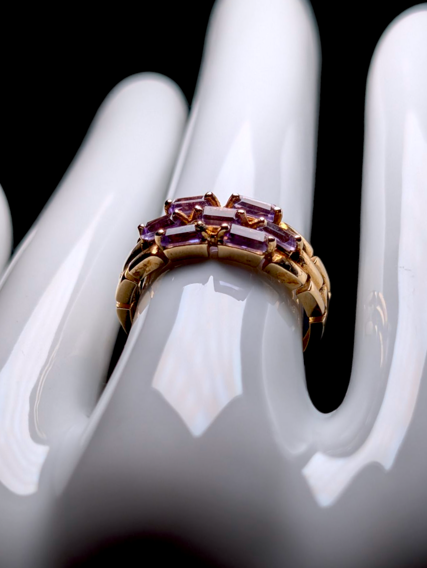 Vintage Baguette Cut Genuine Purple Tourmaline Cluster Row 10k Solid Yellow Gold Ring