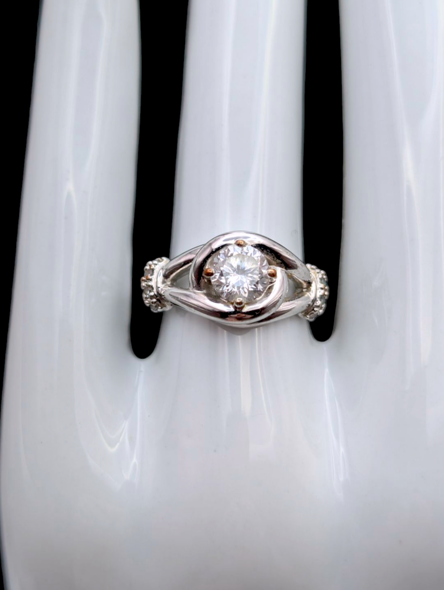 Vintage NYC Twist Knot Round Cut Simulated Diamond Silver Toned Statement Ring