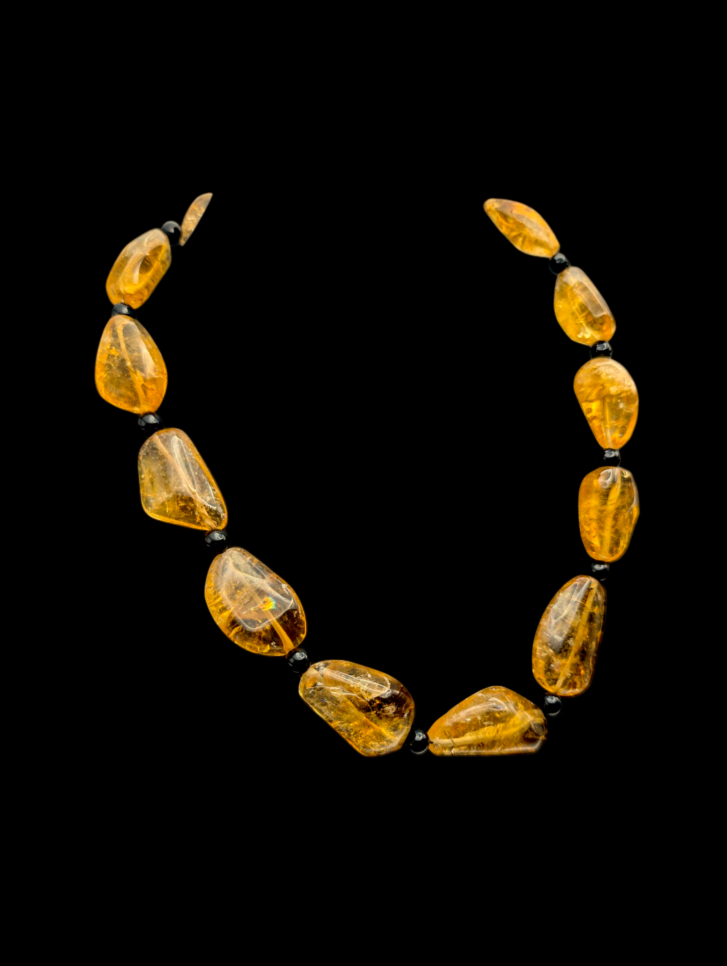 Vintage Polished Earth Mined Genuine Golden Citrine Nugget and Black Onyx Bead Sterling Silver Statement Necklace