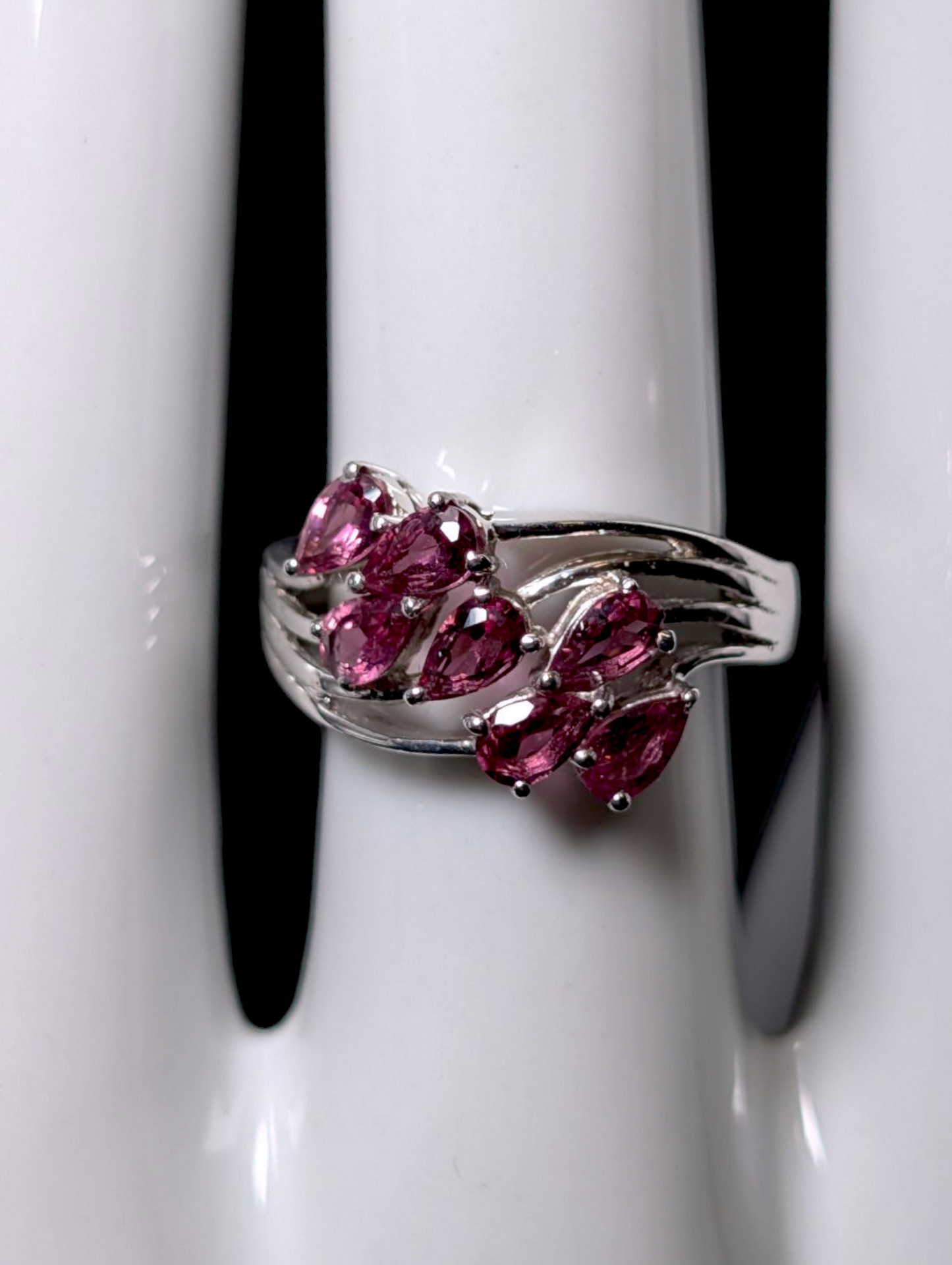 Vintage 1.75 Carat Pear Cut Genuine Pink Tourmaline Sterling Silver Wave Design Ring