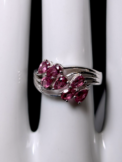 Vintage 1.75 Carat Pear Cut Genuine Pink Tourmaline Sterling Silver Wave Design Ring