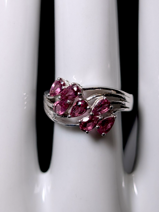 Vintage 1.75 Carat Pear Cut Genuine Pink Tourmaline Sterling Silver Wave Design Ring