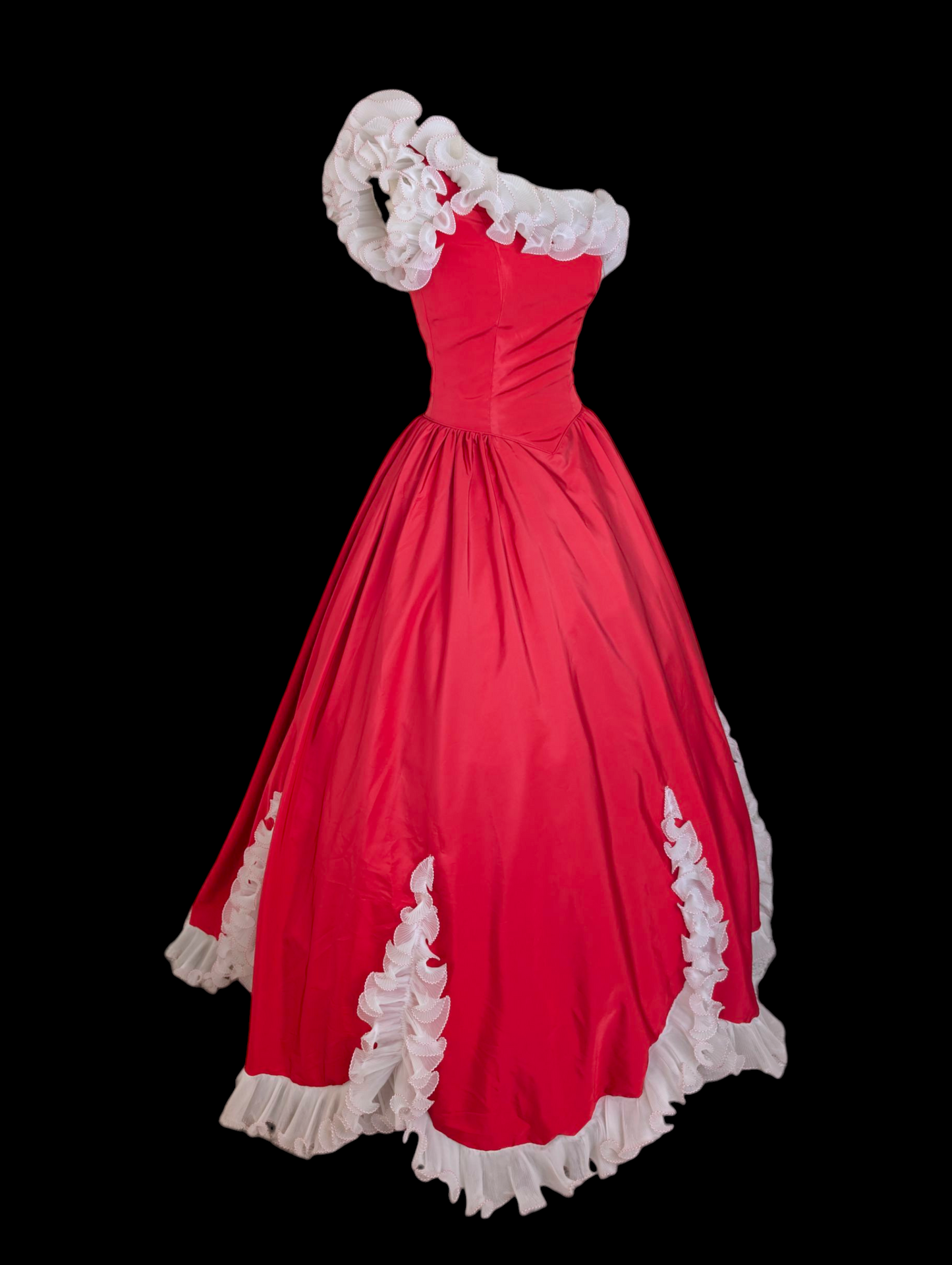 1960s-1970s Vintage Red Dress with White Ruffle Trim Details, One Sleeve, and Full Skirt Holiday Christmas Ball Gown