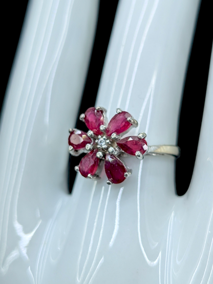 Vintage Flower Genuine Ruby and Genuine White Topaz Rhodium Over Sterling Silver Ring