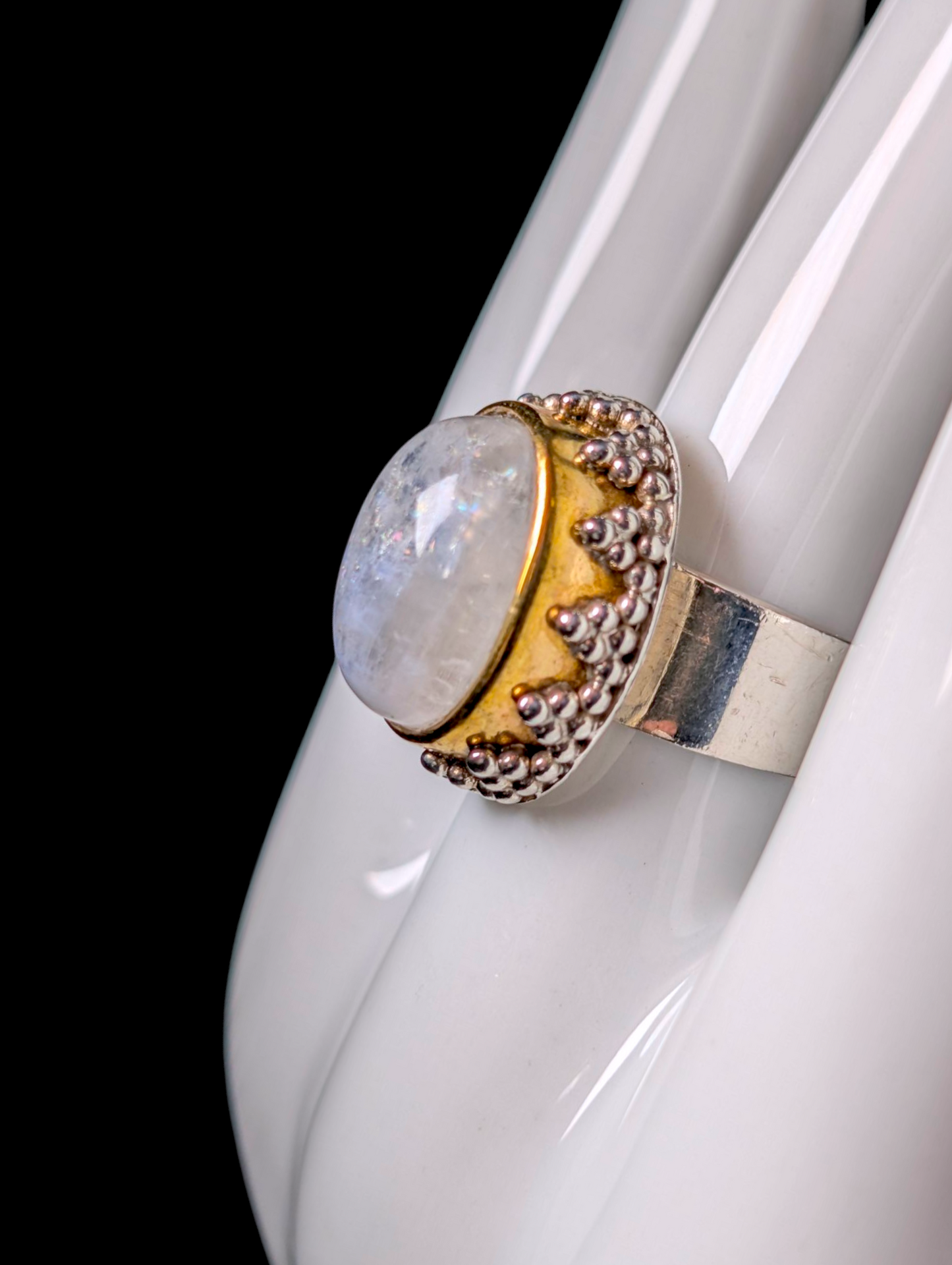 Vintage Cabochon Cut Genuine Moonstone 18k Yellow Gold Vermeil and Sterling Silver Ring
