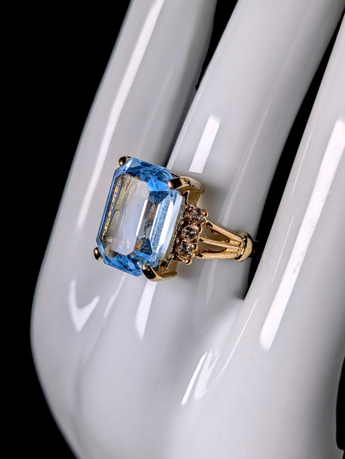 Vintage Radiant Cut Simulated Blue Topaz Solitaire Gold Toned Statement Ring