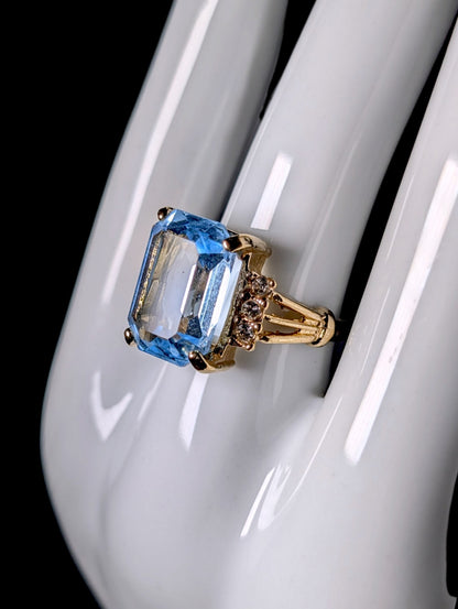 Vintage Radiant Cut Simulated Blue Topaz Solitaire Gold Toned Statement Ring