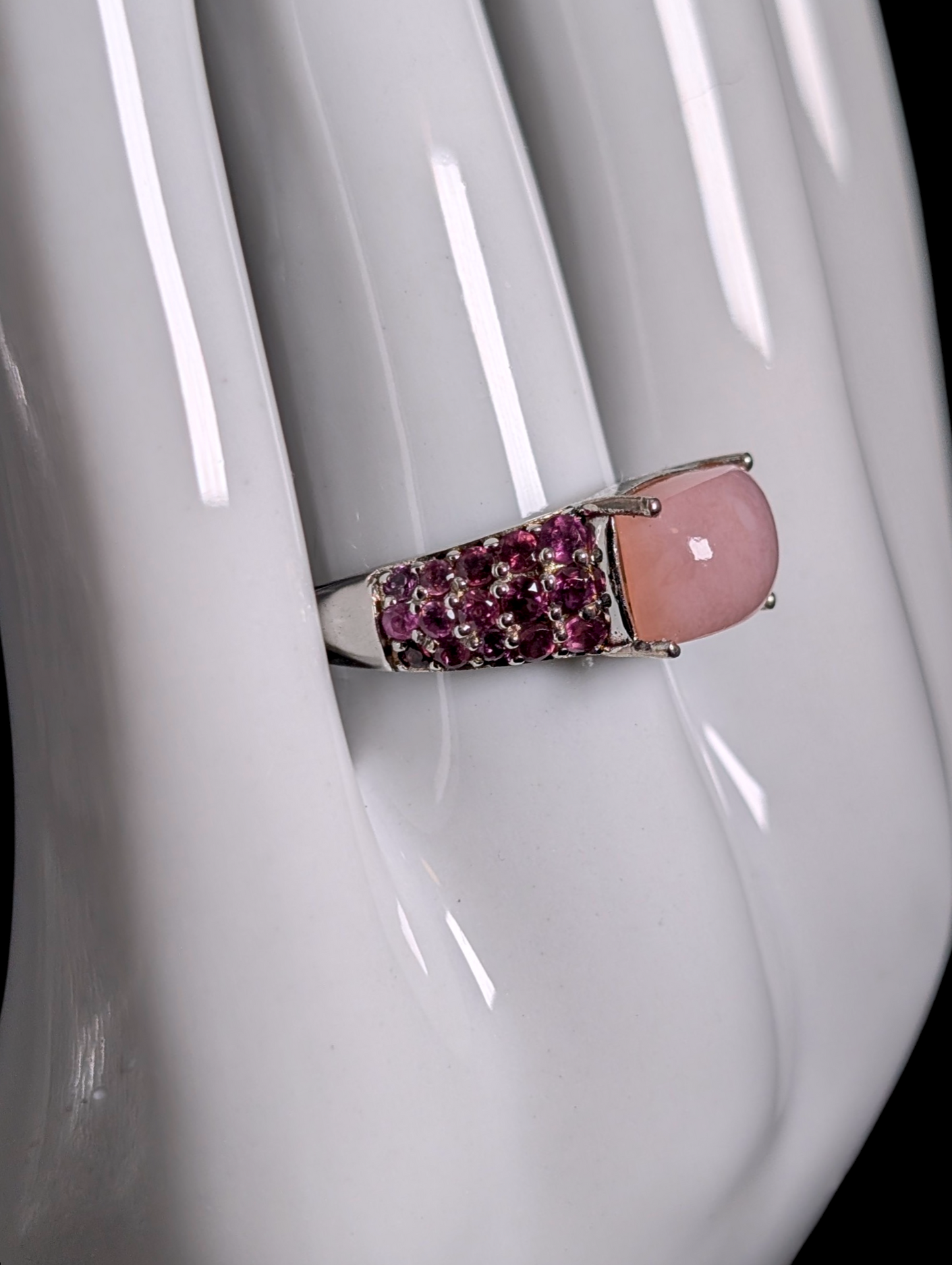 Vintage D'Joy Cabochon Cut Genuine Peruvian Pink Opal and Rhodolite Garnet Accent Stones Platinum over Sterling Silver Ring