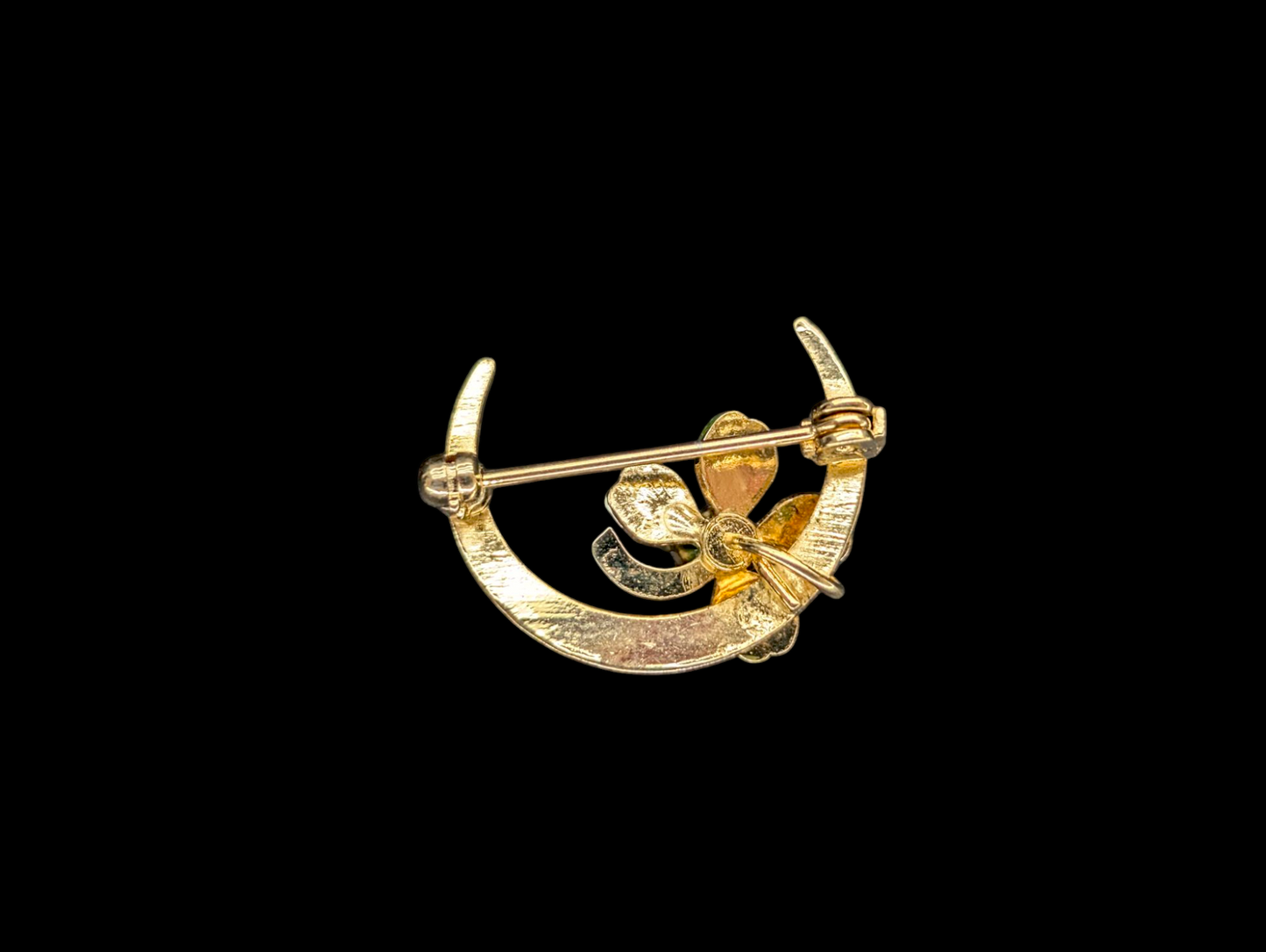Vintage 14k Gold Crescent Half Moon and Green Enamel Shamrock Clover Pearl Brooch Pin