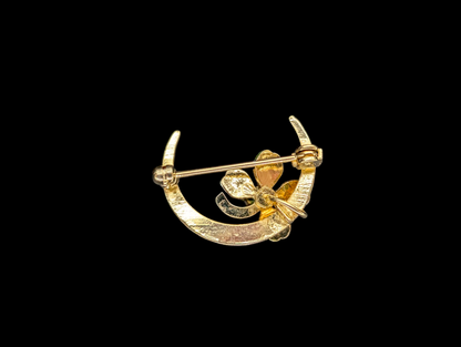 Vintage 14k Gold Crescent Half Moon and Green Enamel Shamrock Clover Pearl Brooch Pin