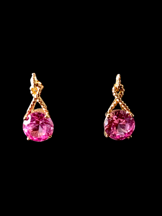 Vintage Clyde Duneier 4 Carat Round Cut Genuine Pink Sapphire 10k Solid Yellow Gold Twisted Rope Drop Earrings