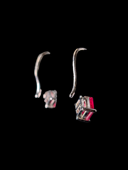 Vintage Diamond Shape Genuine Ruby Sterling Silver Dangle Earrings