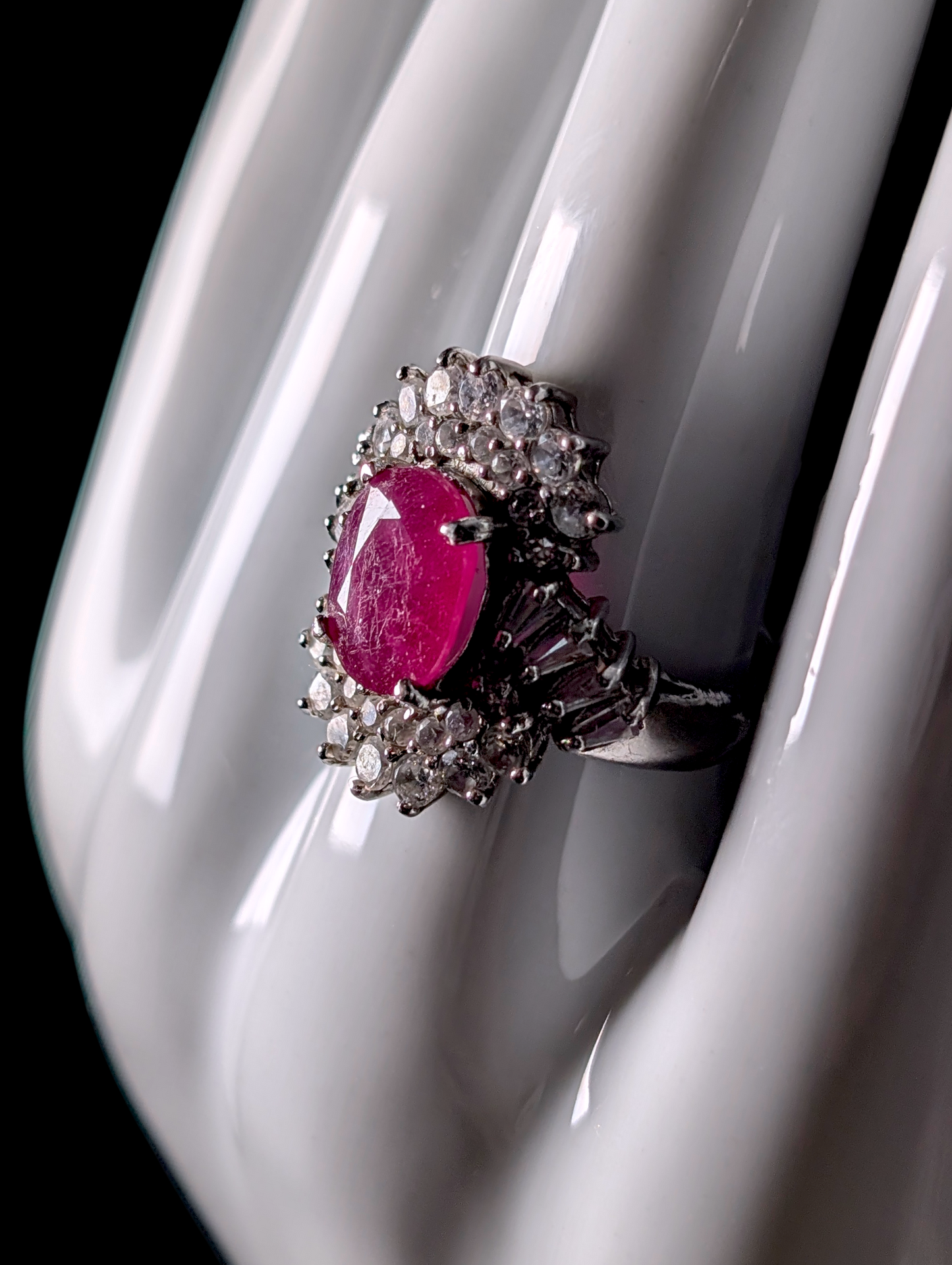 Vintage Art Deco Inspired Earth Mined Genuine Ruby Solitaire and Simulated Diamond Double Halo Sterling Silver Ring
