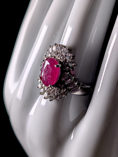 Vintage Art Deco Inspired Earth Mined Genuine Ruby Solitaire and Simulated Diamond Double Halo Sterling Silver Ring