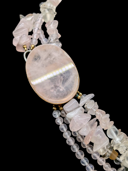 Vintage Genuine Rose Quartz, Spinel, Jade and Crystal 5 Strand 18k Vermeil Necklace