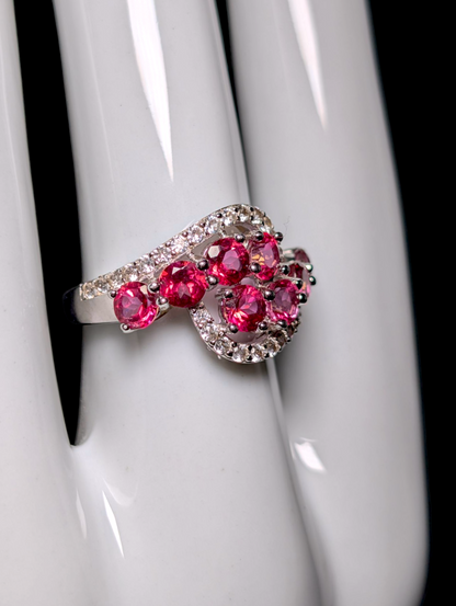 Vintage Crossover Round Cut Genuine Pink Tourmaline and White Topaz Sterling Silver Ring