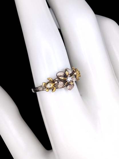Vintage Hawaiian Golden Turtles and Tropical Flower with Simulated Diamond Solitaire Sterling Silver Ring