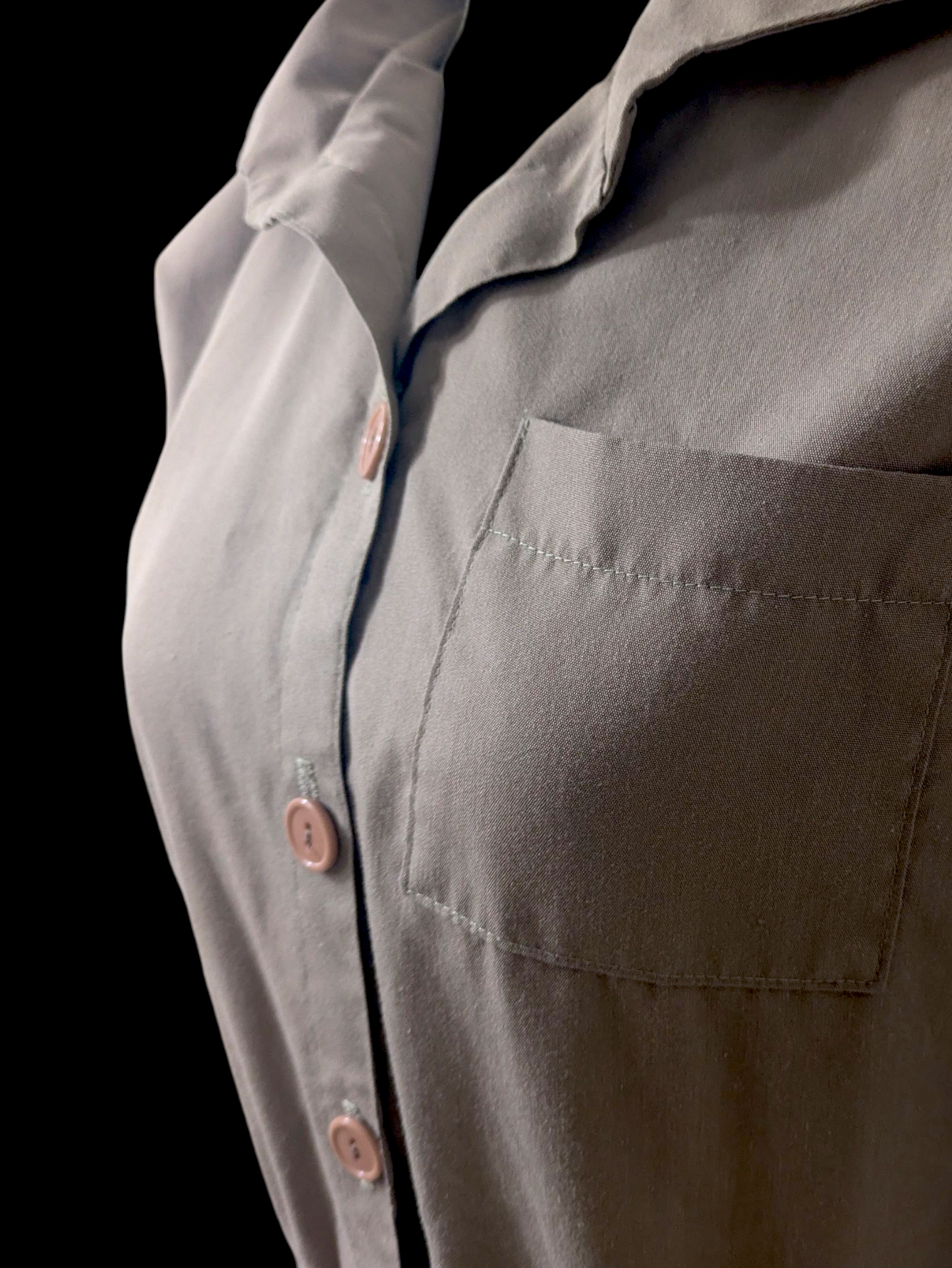 1980s Vintage Batwing Sandalwood Brown House Dress with Peach Acrylic Button Down, Elastic Waist and Cuffed Sleeves