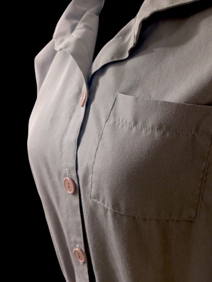 1980s Vintage Batwing Sandalwood Brown House Dress with Peach Acrylic Button Down, Elastic Waist and Cuffed Sleeves