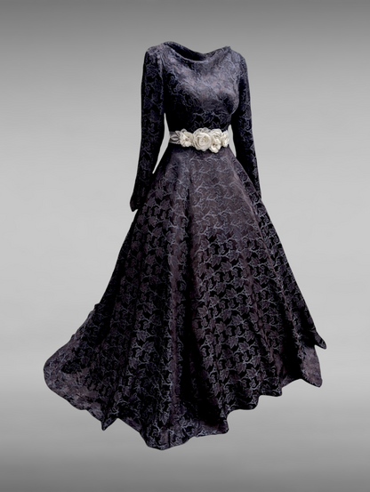 1940s-1950s "The Phoenix" Black Wedding Dress with Damask Silk Embossed Maple Leaves