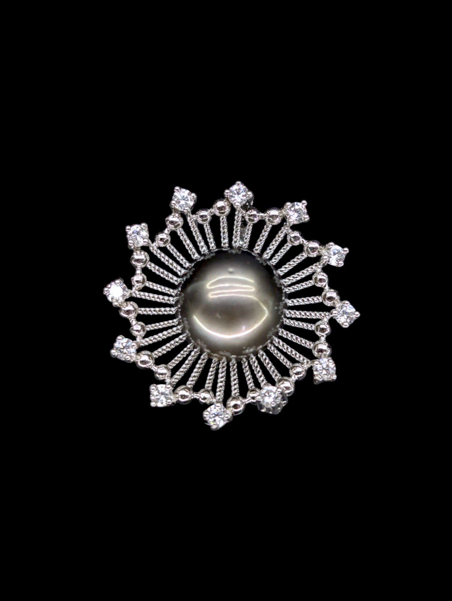 Vintage Large Black Cultured Genuine Tahitian Pearl and White Topaz Sterling Silver Pendant