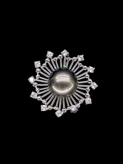 Vintage Large Black Cultured Genuine Tahitian Pearl and White Topaz Sterling Silver Pendant