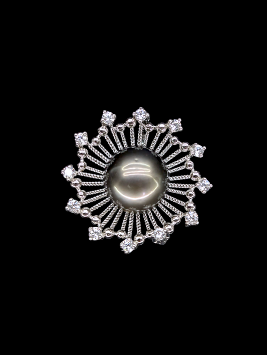 Vintage Large Black Cultured Genuine Tahitian Pearl and White Topaz Sterling Silver Pendant