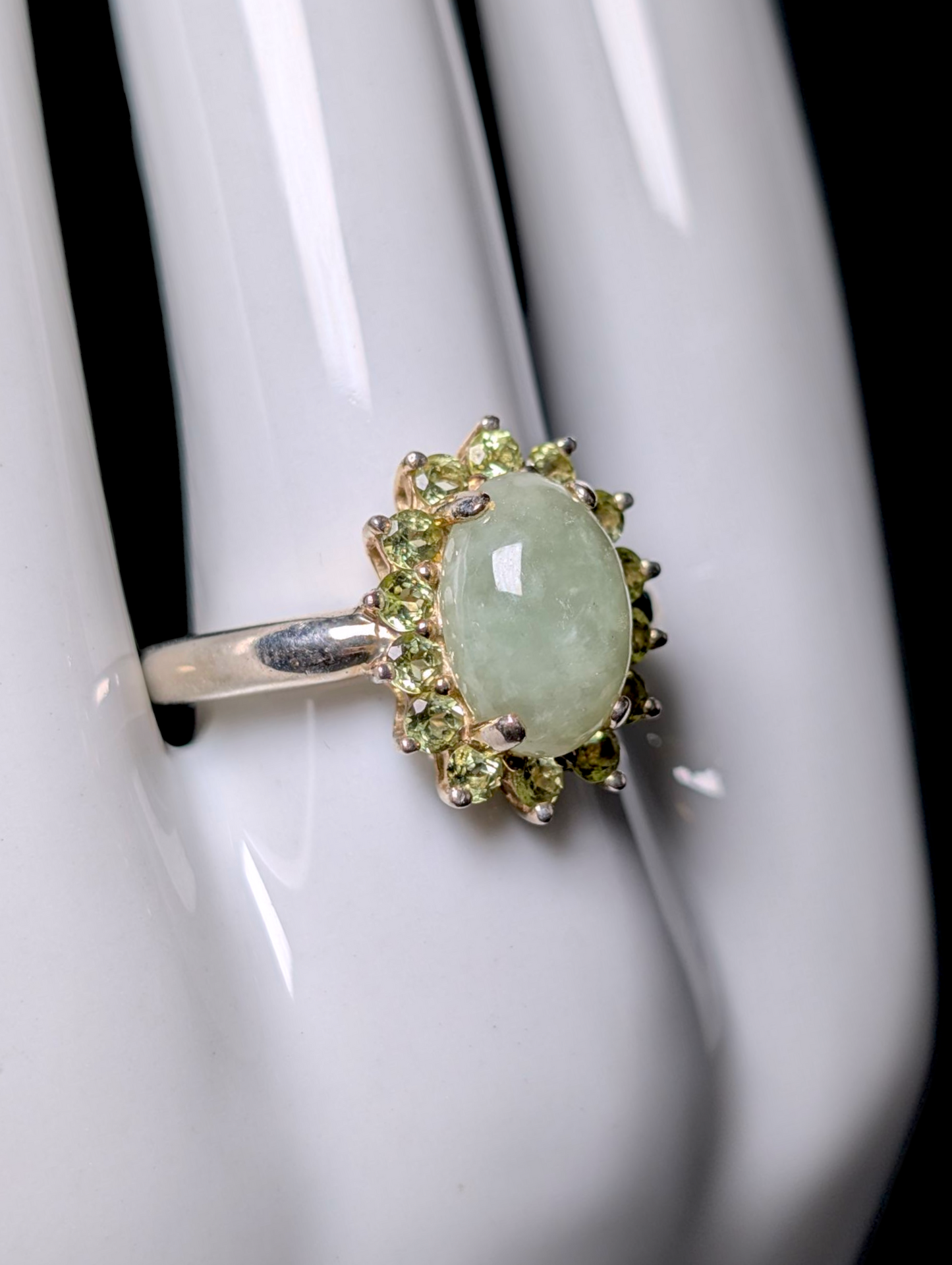 Vintage Earth Mined Genuine Ice Jade with Peridot Halo Sterling Silver Statement Ring