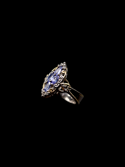 Vintage Inspired Cluster Genuine Tanzanite and White Topaz 14k Gold Vermeil Sterling Silver 925 Ring