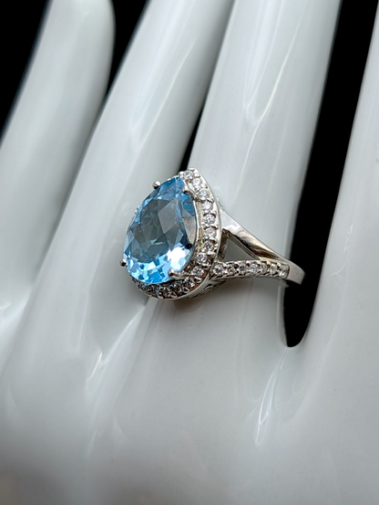 Vintage Large 4+ Carat Pear Cut Genuine Swiss Blue Topaz and Simulated Diamond Sterling Silver Ring