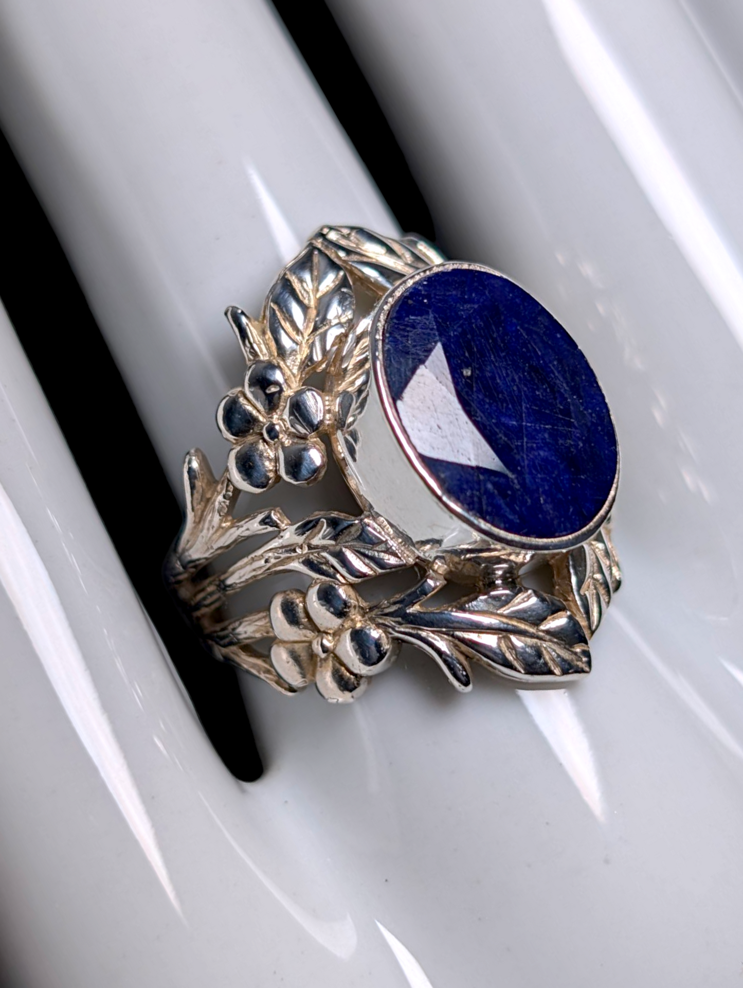 Vintage 6 Carat Art Nouveau Inspired Oval Cut Bezel Set Genuine Royal Blue Sapphire Solitaire Flower Filigree Sterling Silver Ring
