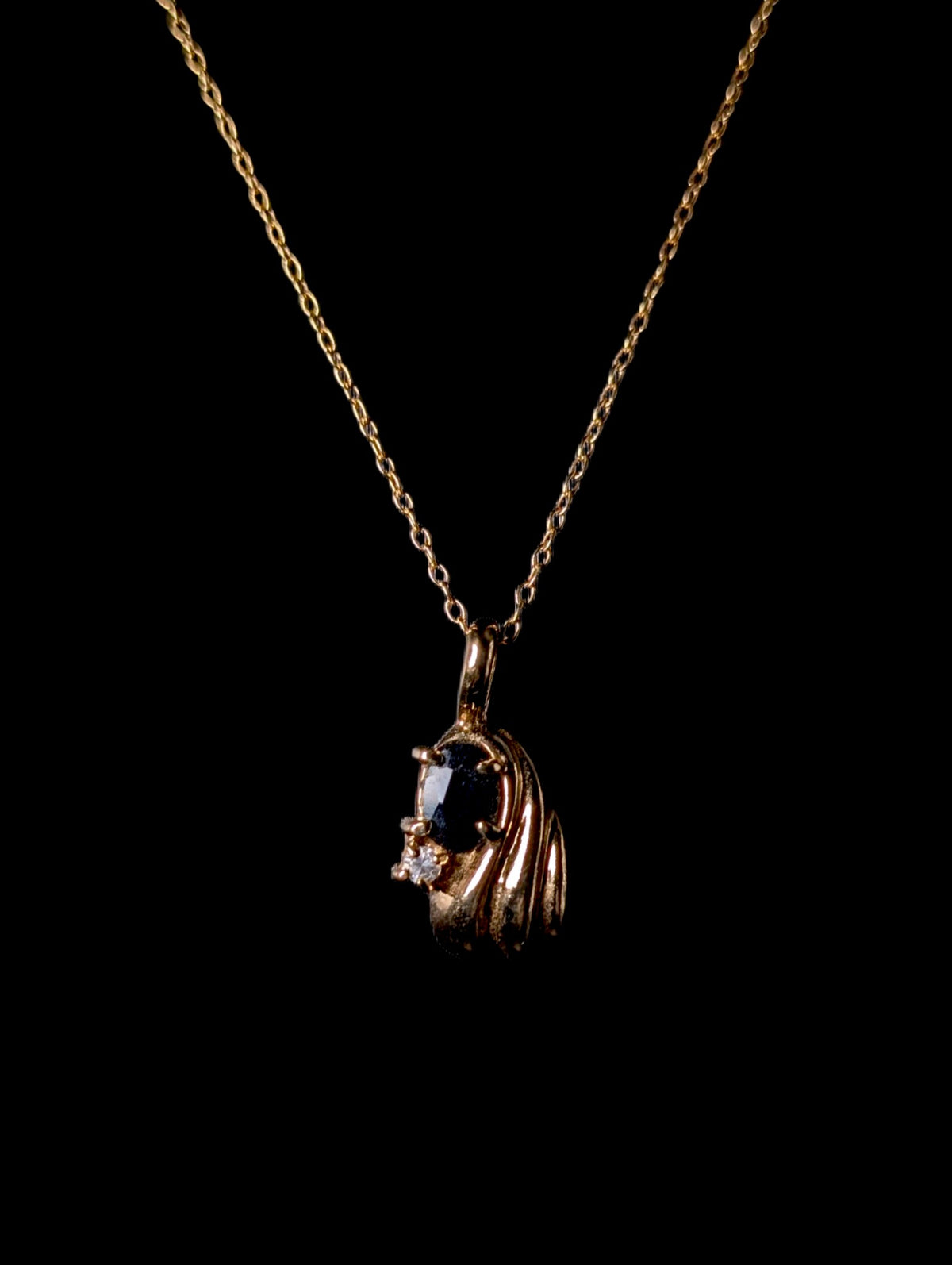 Vintage Oval Cut Genuine Midnight Blue Sapphire and Simulated Diamond 14k Yellow Gold over Sterling Pendant